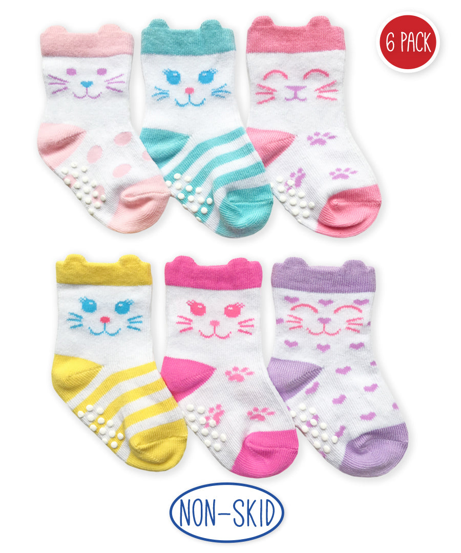 Non-Skid Cat Crew Socks 6 Pair Pack