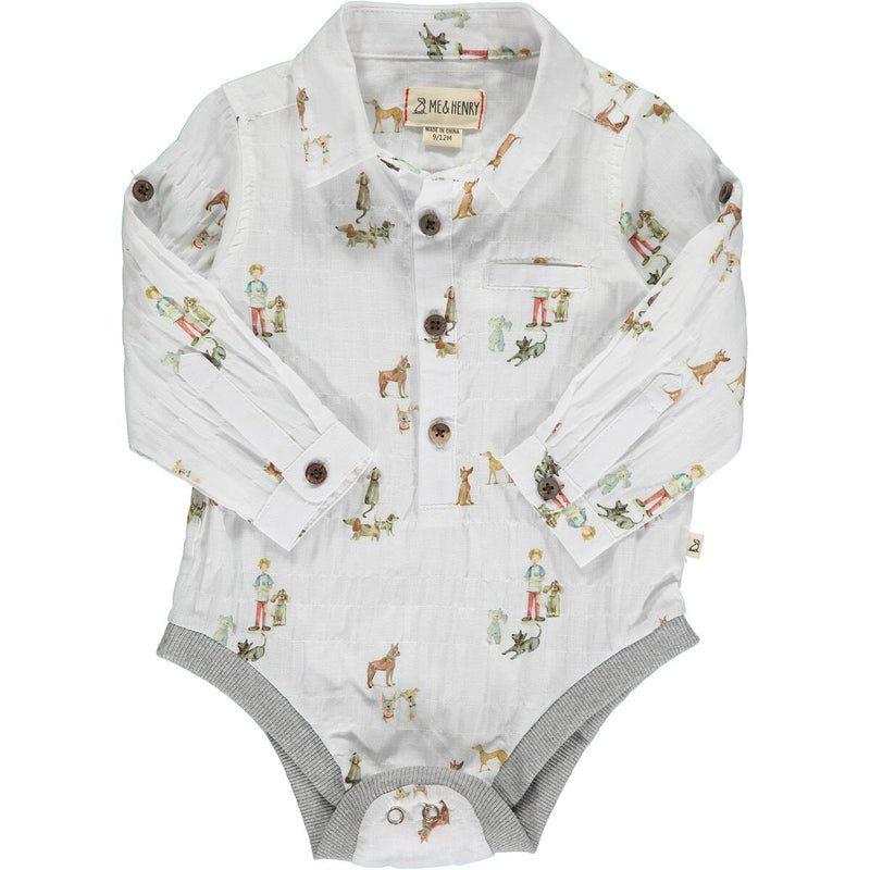 Jasper Woven Long Sleeve Onesie - Boy & Pups