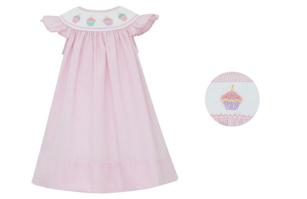 Cupcakes - Pink Gingham Angel Wing Smocked Bishop Dress