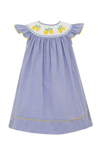 Lemon Smocked Blue Gingham Seersucker Angel Wing Bishop Dress