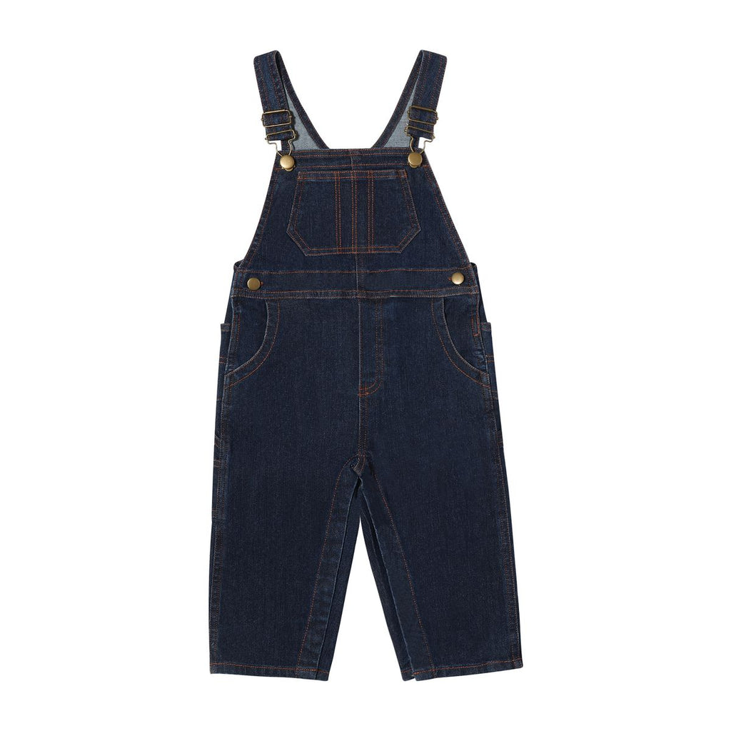 Dark blue denim overalls on a white background