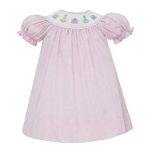 Pink dress with embroidered collar on a white background