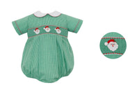 Green gingham smocked baby romper with Santa face design on a white background
