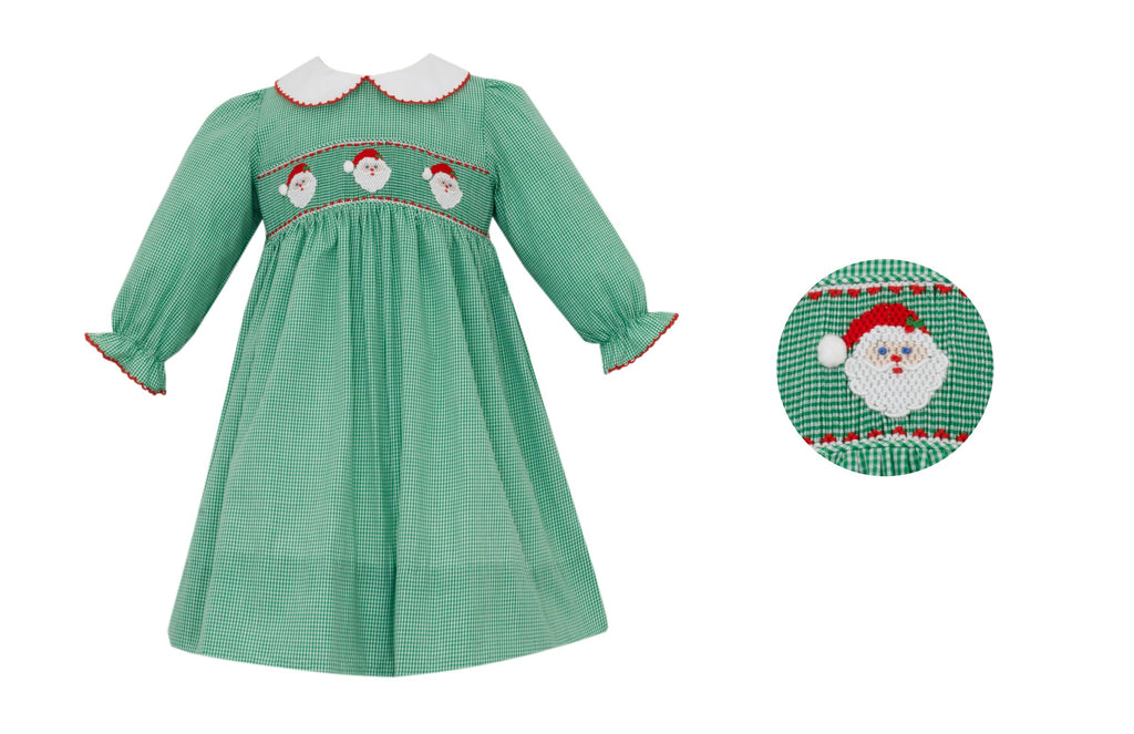 Green Gingham Santa Smocked LS White Collar Dress