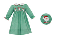 Green Gingham Santa Smocked LS White Collar Dress