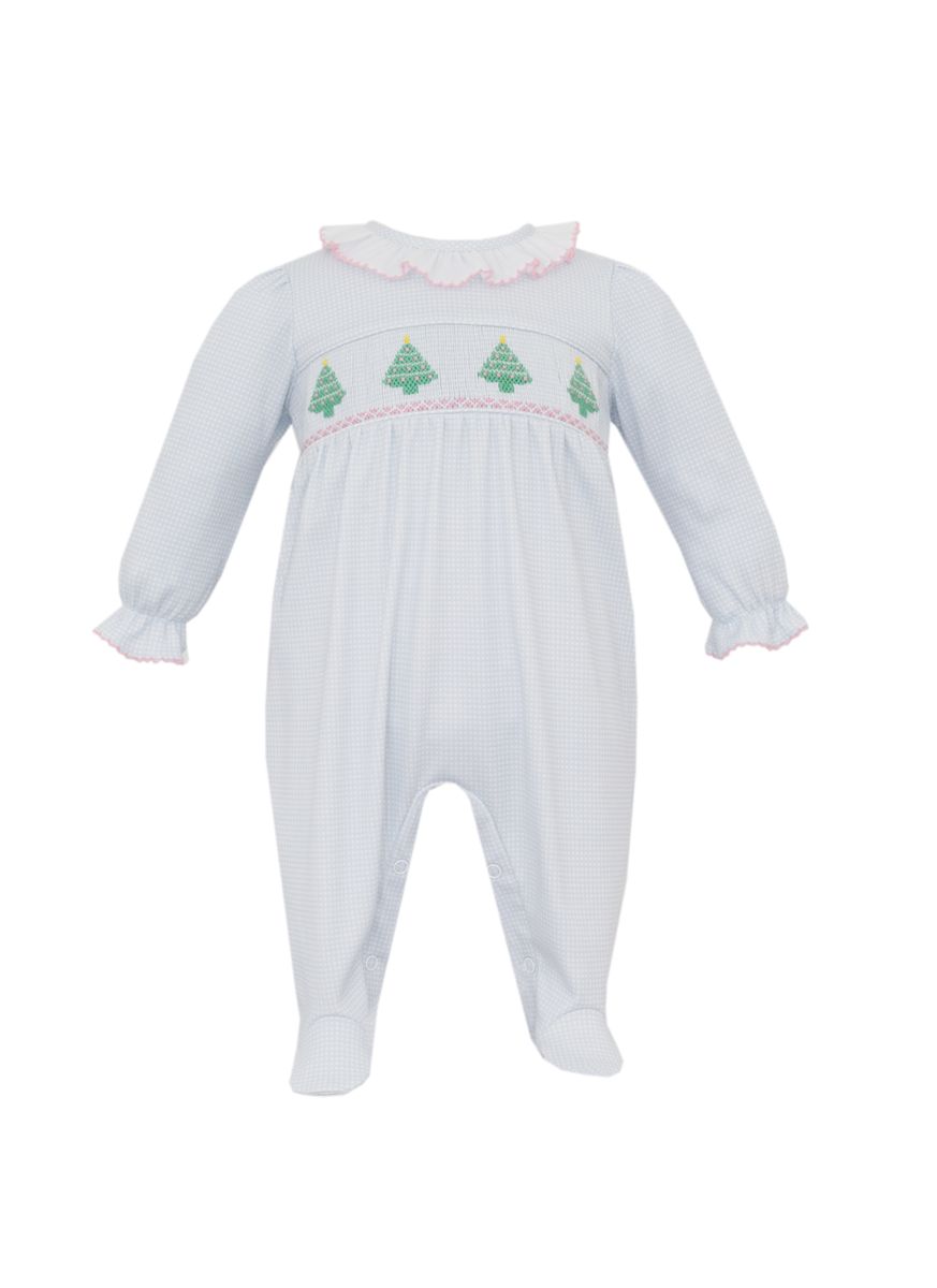 Light Blue Check Knit Smocked Christmas Tree Ruffle Footie with Pink Trim