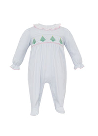 Light Blue Check Knit Smocked Christmas Tree Ruffle Footie with Pink Trim
