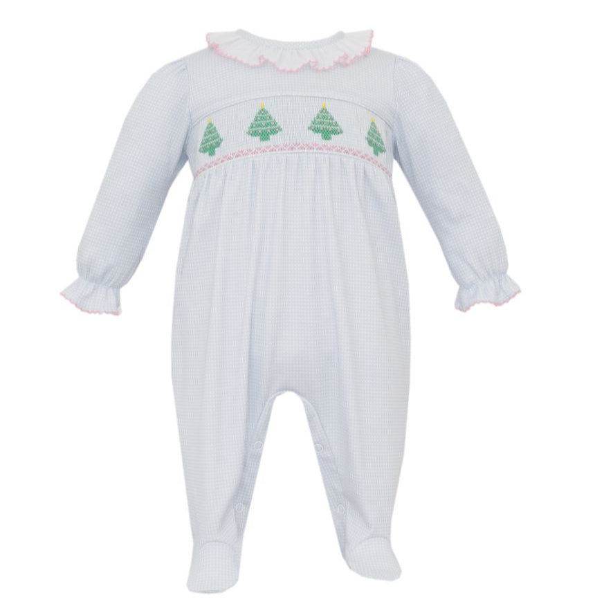 Light Blue Check Knit Smocked Christmas Tree Ruffle Footie with Pink Trim