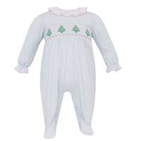 Light Blue Check Knit Smocked Christmas Tree Ruffle Footie with Pink Trim
