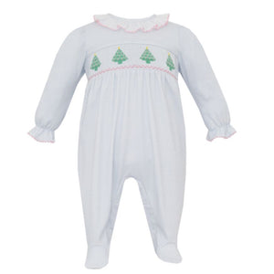 Light Blue Check Knit Smocked Christmas Tree Ruffle Footie with Pink Trim