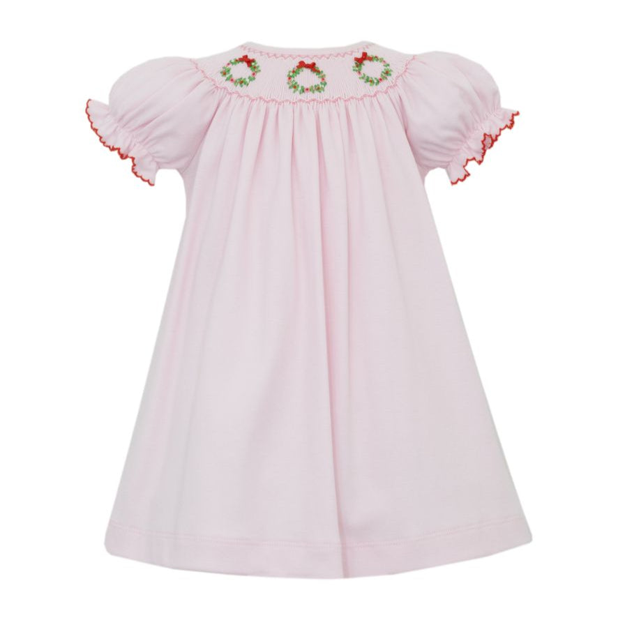 Wreaths Smocked Pink Knit Bishop Dress – Bright Beginnings Boutique