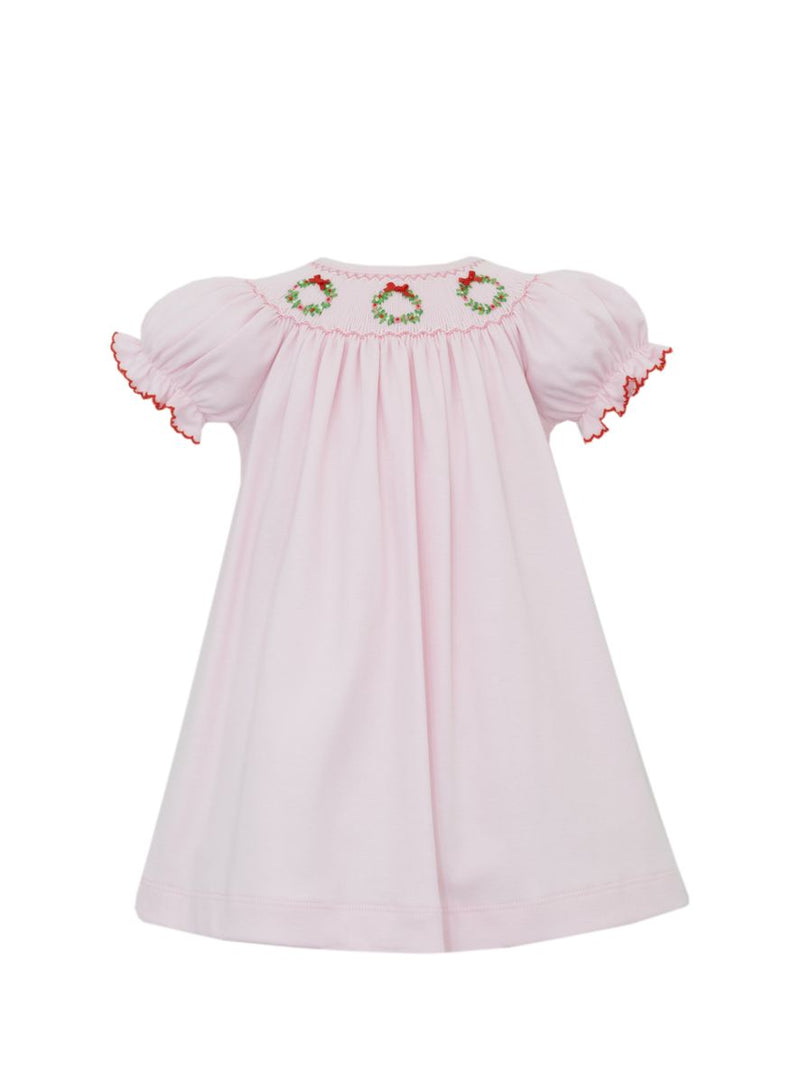 Wreaths Smocked Pink Knit Bishop Dress