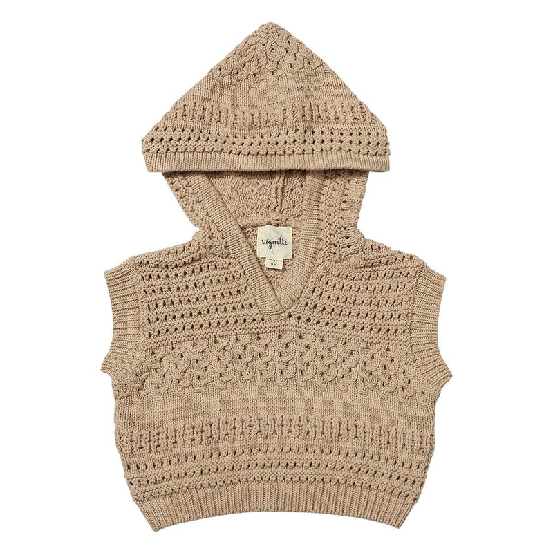 Knitted beige vest with hood on a white background