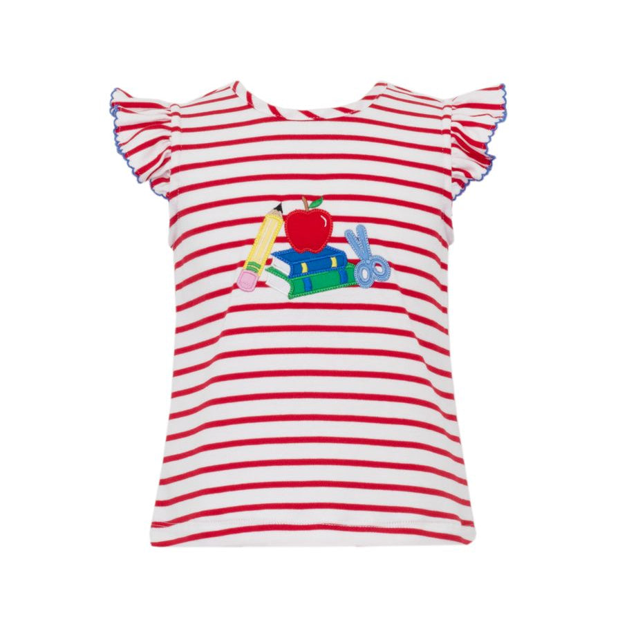 Red and white striped shirt with colorful graphic on a white background