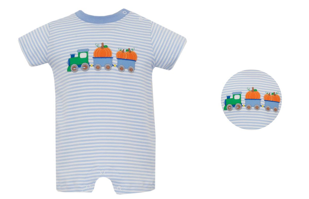 Pumpkin Train Applique Blue Stripe Romper