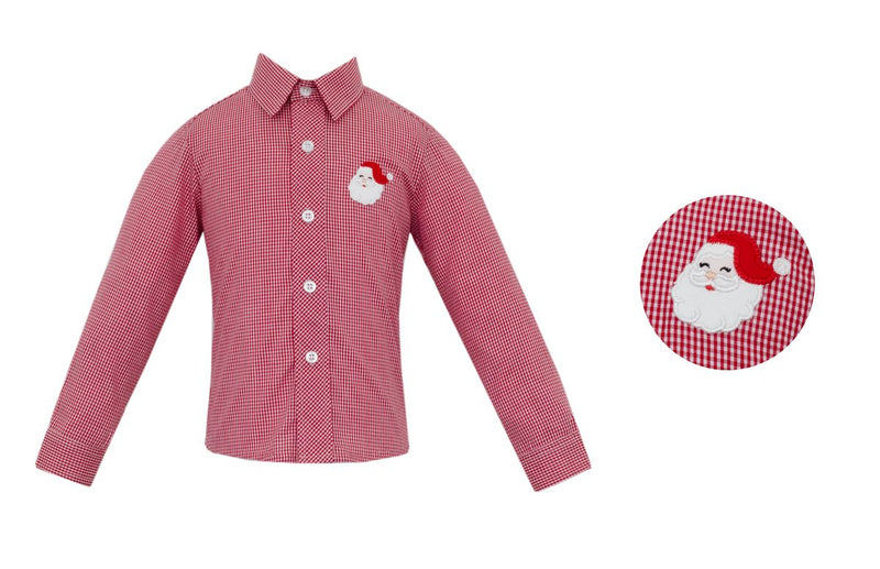 Santa Applique Red Gingham Boy's Button Down Shirt
