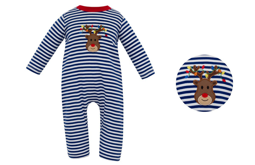 Reindeer w/ Lights - Royal Blue Stripe Knit Boy's Long Romper