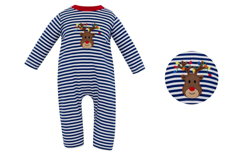 Reindeer w/ Lights - Royal Blue Stripe Knit Boy's Long Romper