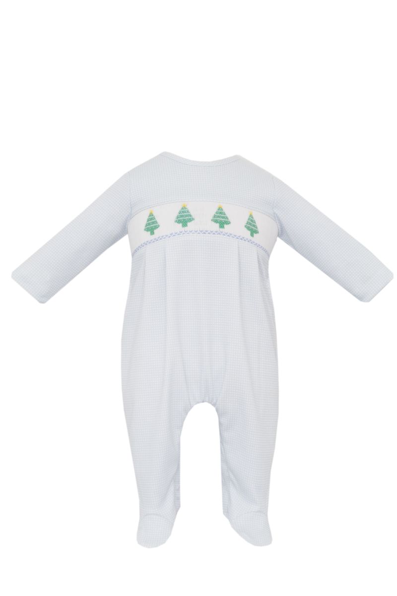 Light Blue Check Knit Smocked Christmas Tree Footie