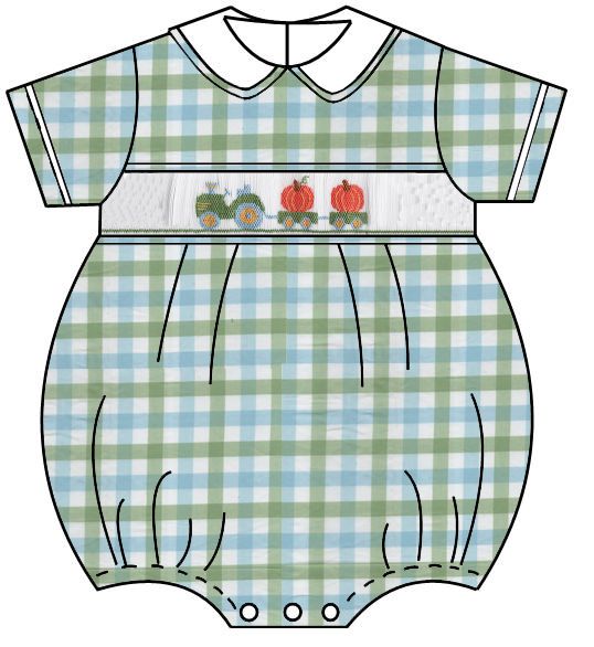 Tractor & Pumpkins Smocked Green & Blue Plaid Bubble