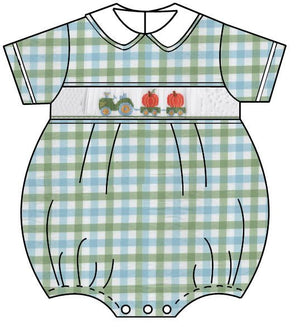 Tractor & Pumpkins Smocked Green & Blue Plaid Bubble