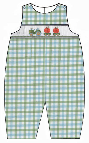 Tractor & Pumpkins Smocked Green & Blue Plaid Long Jon Jon