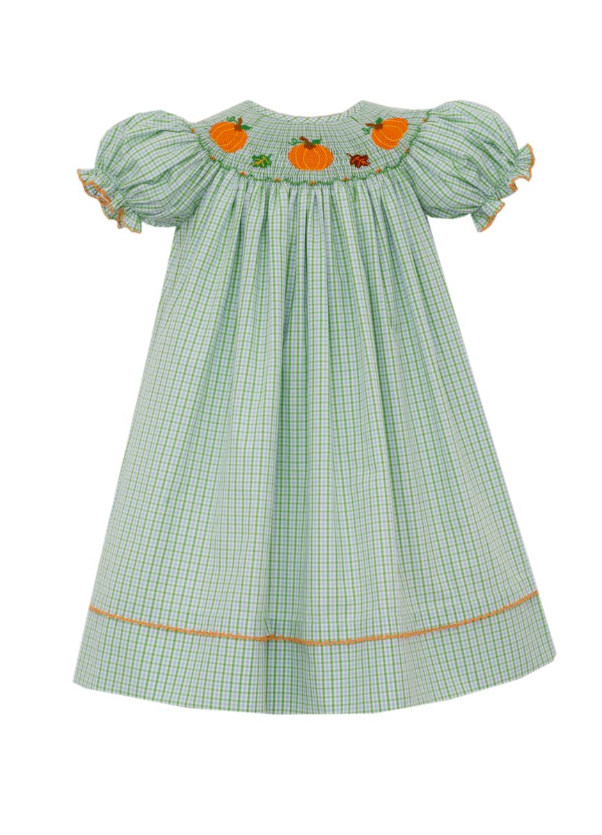 Pumpkins Green & Blue Check Smocked Bishop Dress