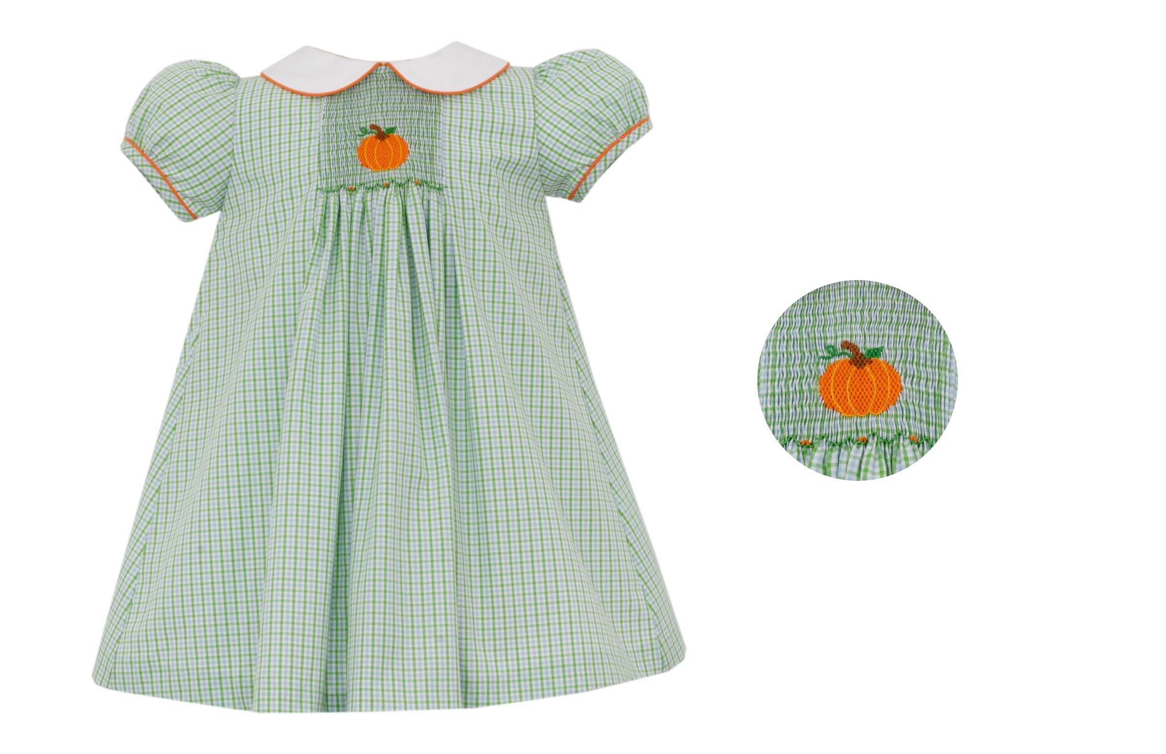 smocked pumpkin dress Autumn Harvest Set festive gatherings Pumpkin Green & Blue Check