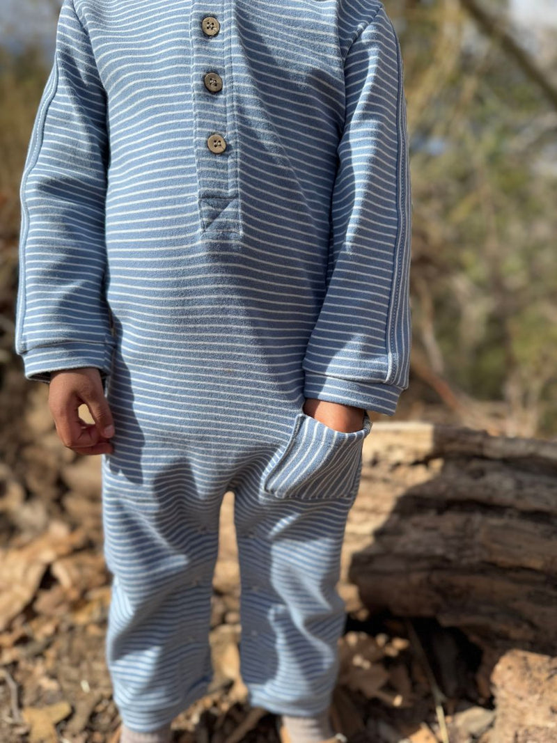 Mitch Henley Romper - Blue & White Stripe