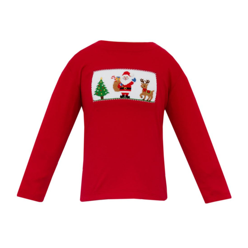 Red long sleeve shirt with a Christmas-themed smocking featuring Santa Claus, a tree, and a reindeer on a white background.