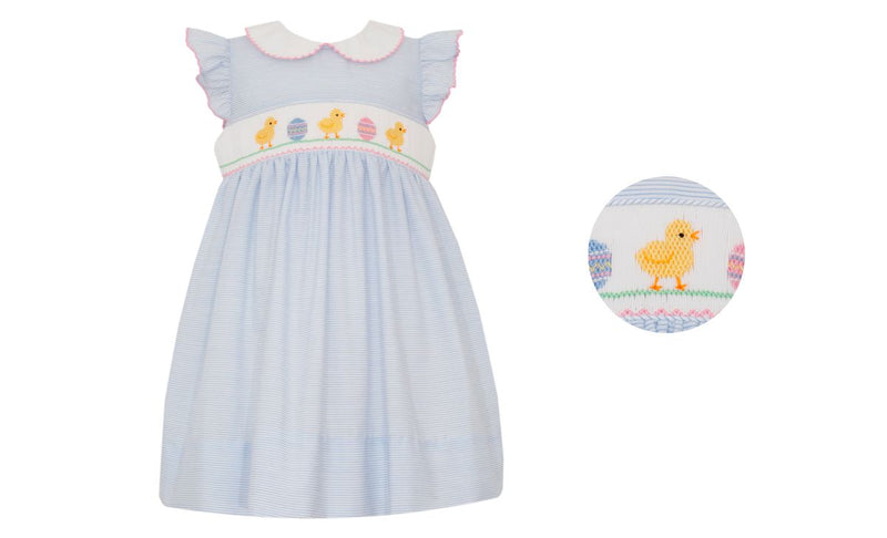 Easter Chicks & Eggs Smocked Angel Wing Blue Tiny Stripe Dress