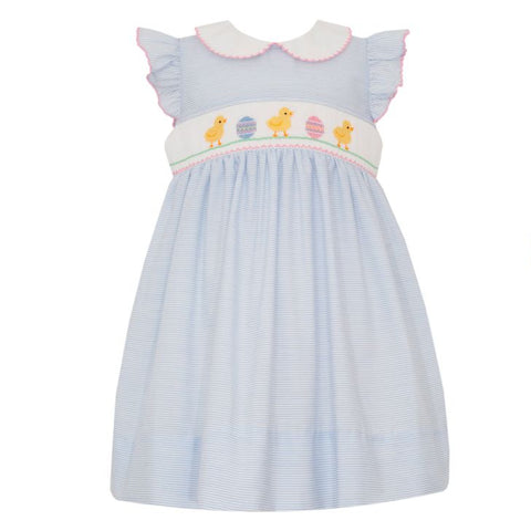 Easter Chicks & Eggs Smocked Angel Wing Blue Tiny Stripe Dress Easter Chicks & Eggs Smocked Angel Wing Blue Tiny Stripe Dress