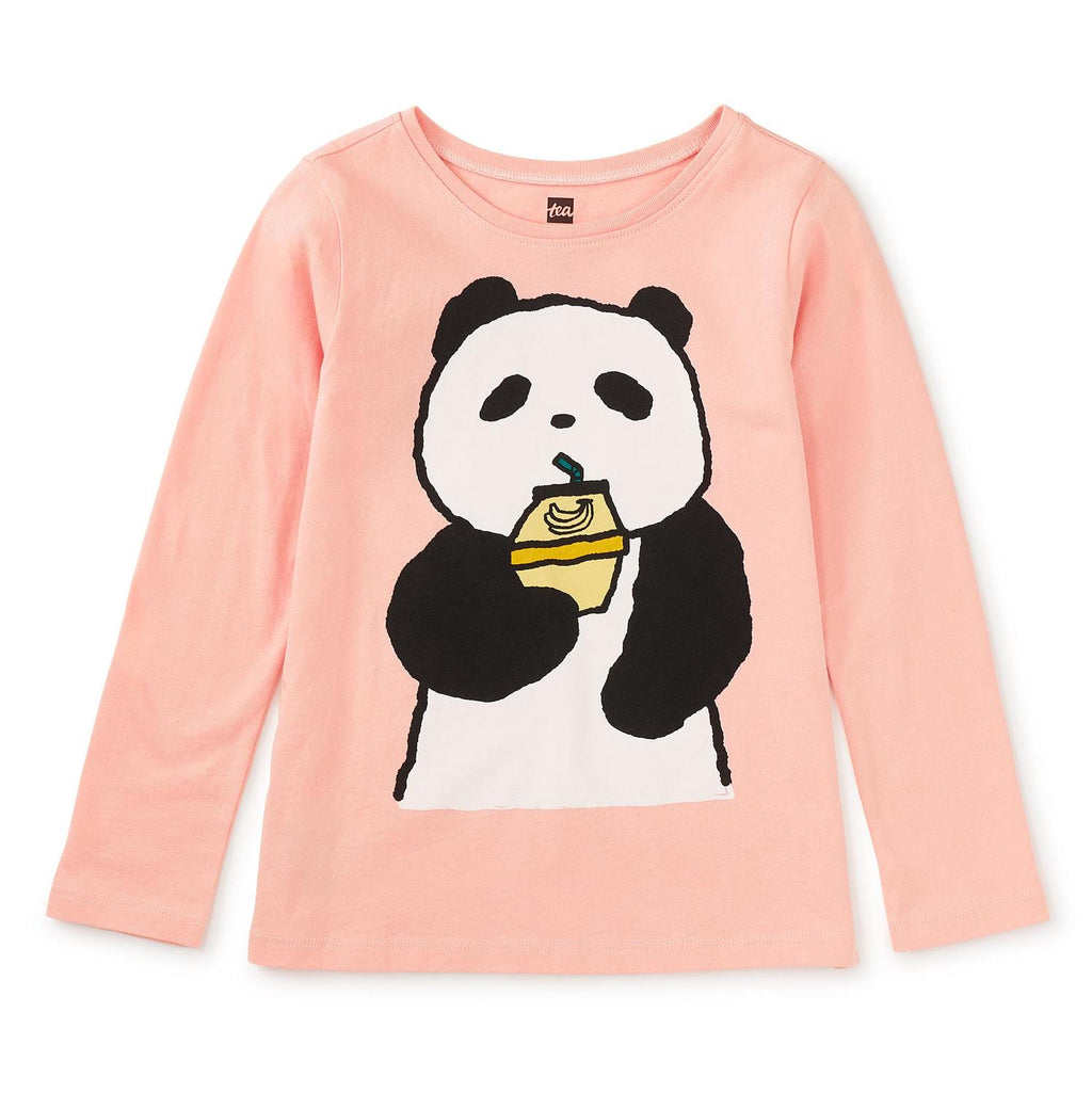 Pink long-sleeve shirt with a panda holding a banana milk design on a white background