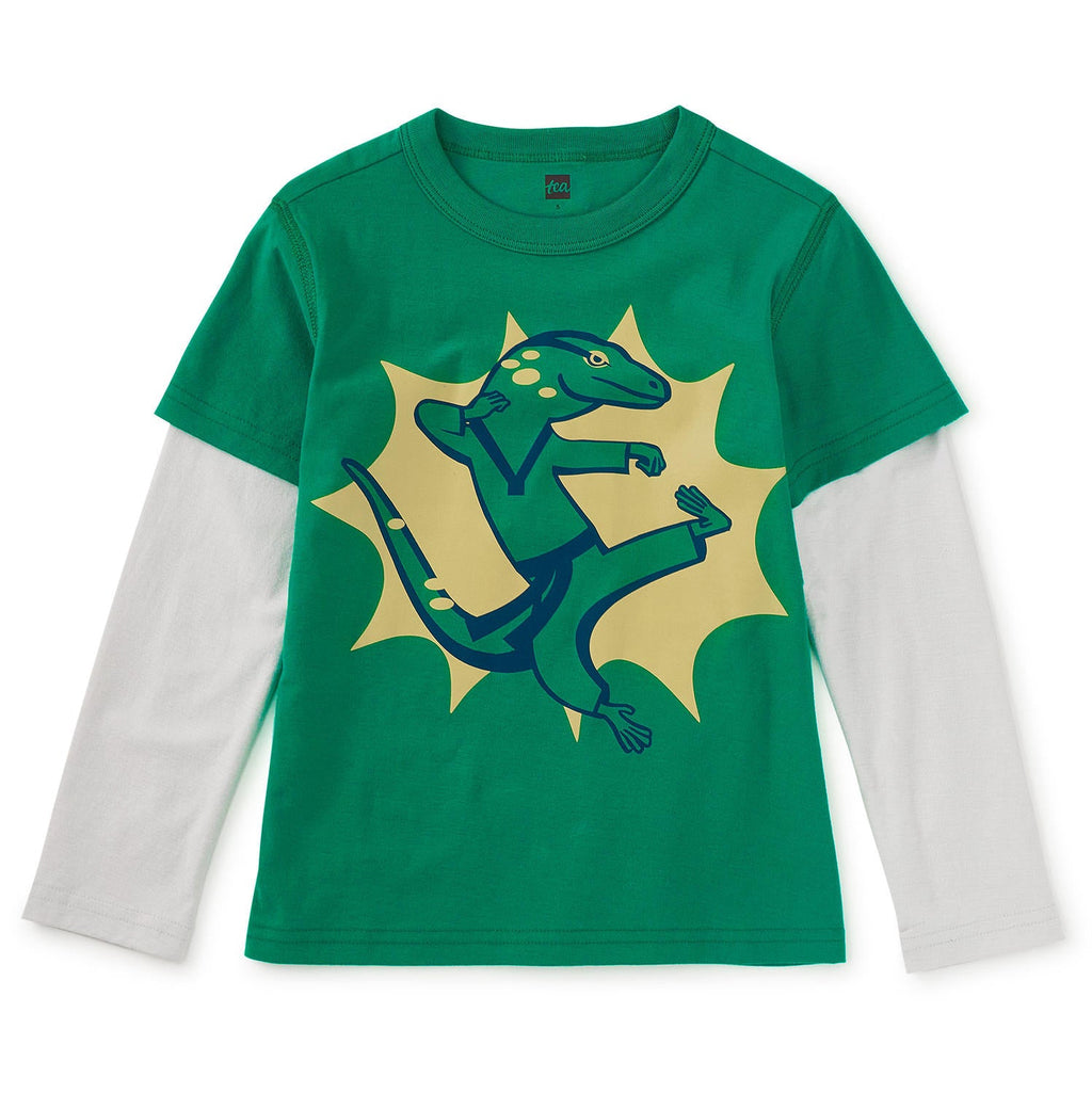 Green and white long-sleeve shirt with taekwondo lizard graphic on a white background