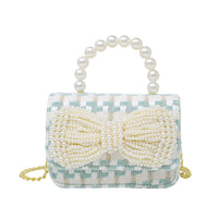 Tweed Handle Pearl Bow Purse - Blue