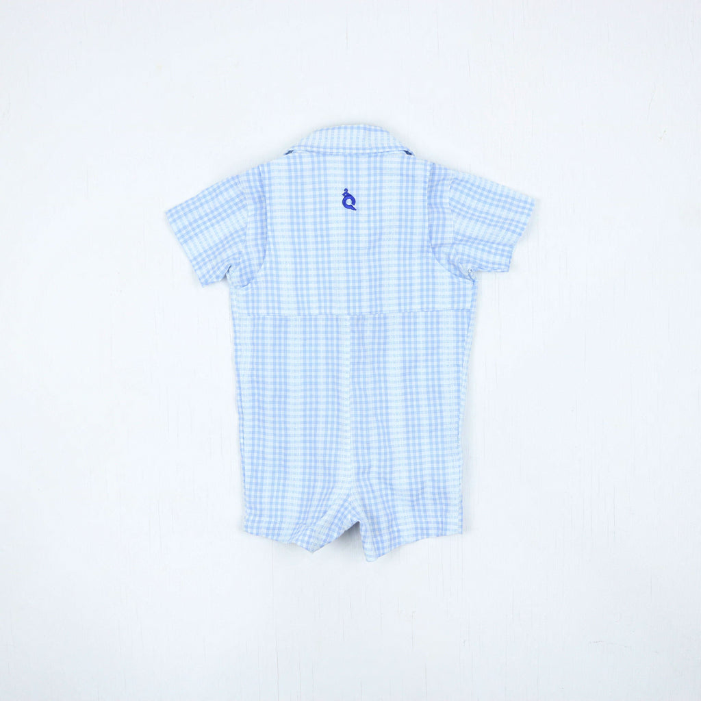 Guayabera Romper - Blue Plaid Linen