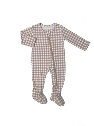 Taupe Gingham Double Zip Romper Footie