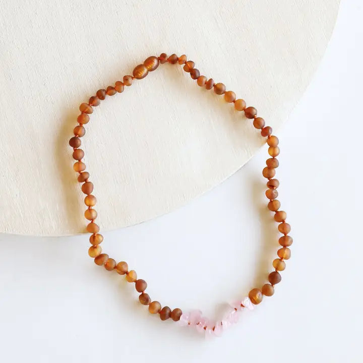 Raw Cognac + Raw Rose Quartz - Baltic Amber Necklace