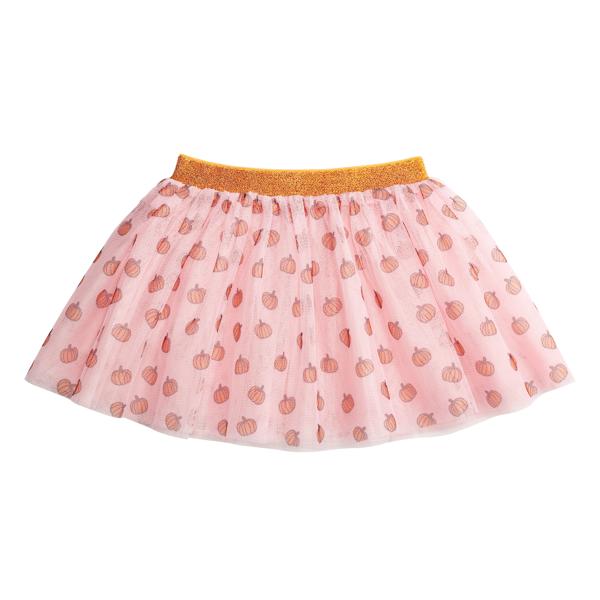 Pink tutu skirt with orange pumpkins pattern on a white background