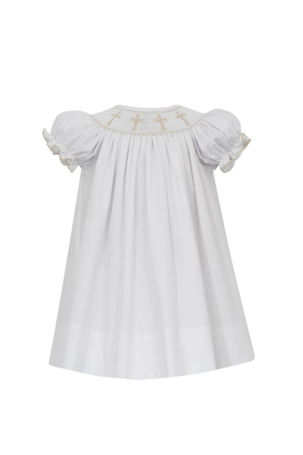 White with Ivory Crosses Smocked Bishop Dress