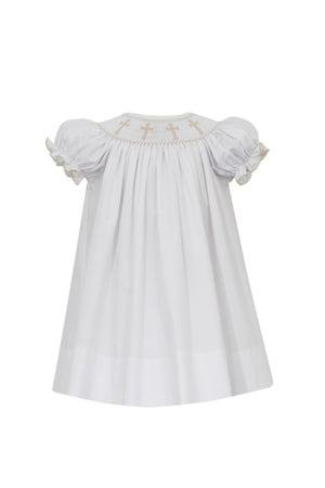 White with Ivory Crosses Smocked Bishop Dress