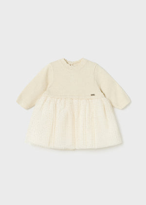 Champagne Knit & Pleated Tulle Dress