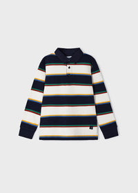 Navy, White & Multi-Color Striped Long Sleeve Polo