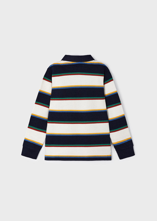 Navy, White & Multi-Color Striped Long Sleeve Polo