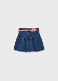 Denim Ruffle & Fray Skirt with Flower Belt