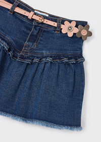 Denim Ruffle & Fray Skirt with Flower Belt