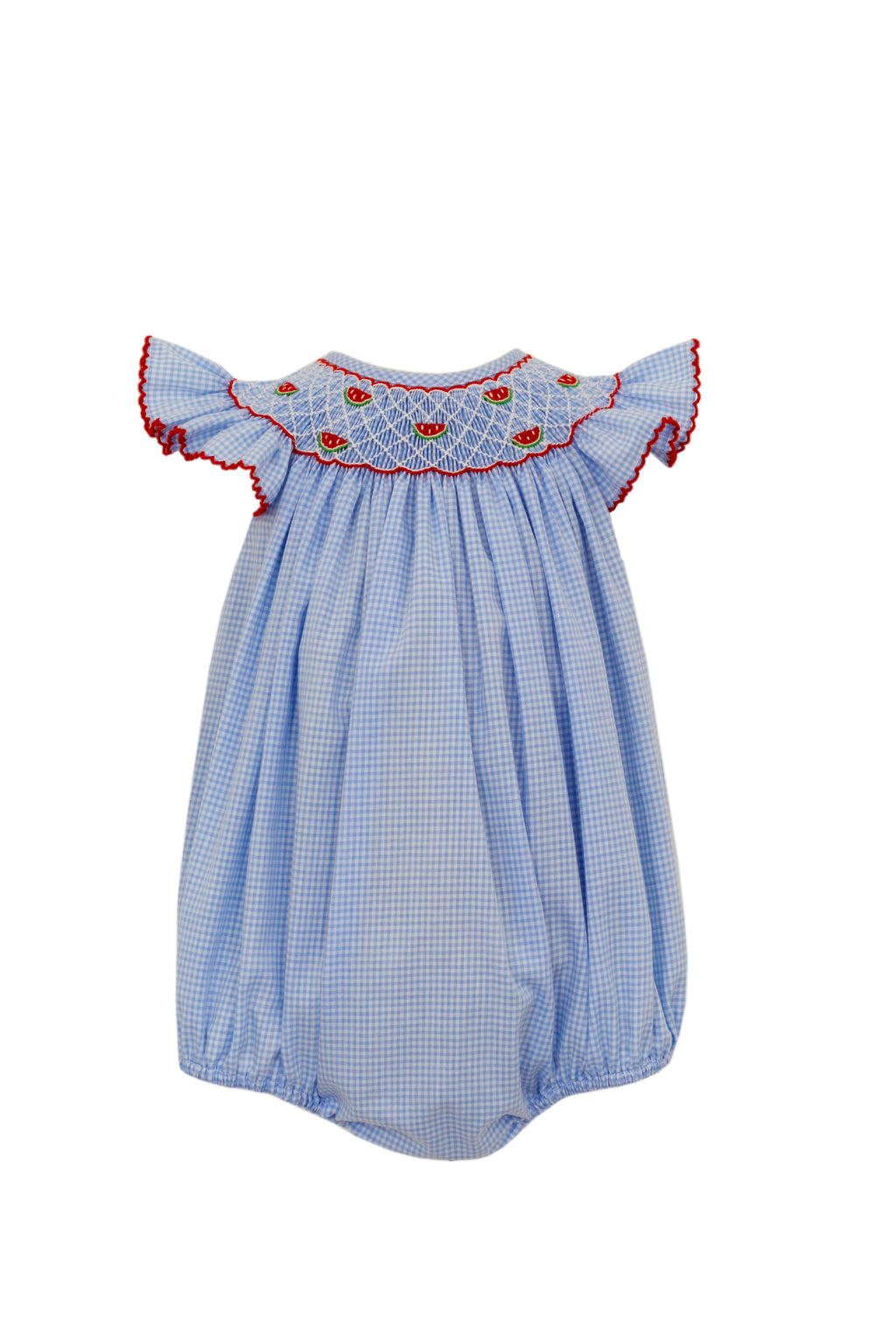 Watermelon Smocked Blue Gingham Angel Wing Bishop Bubble