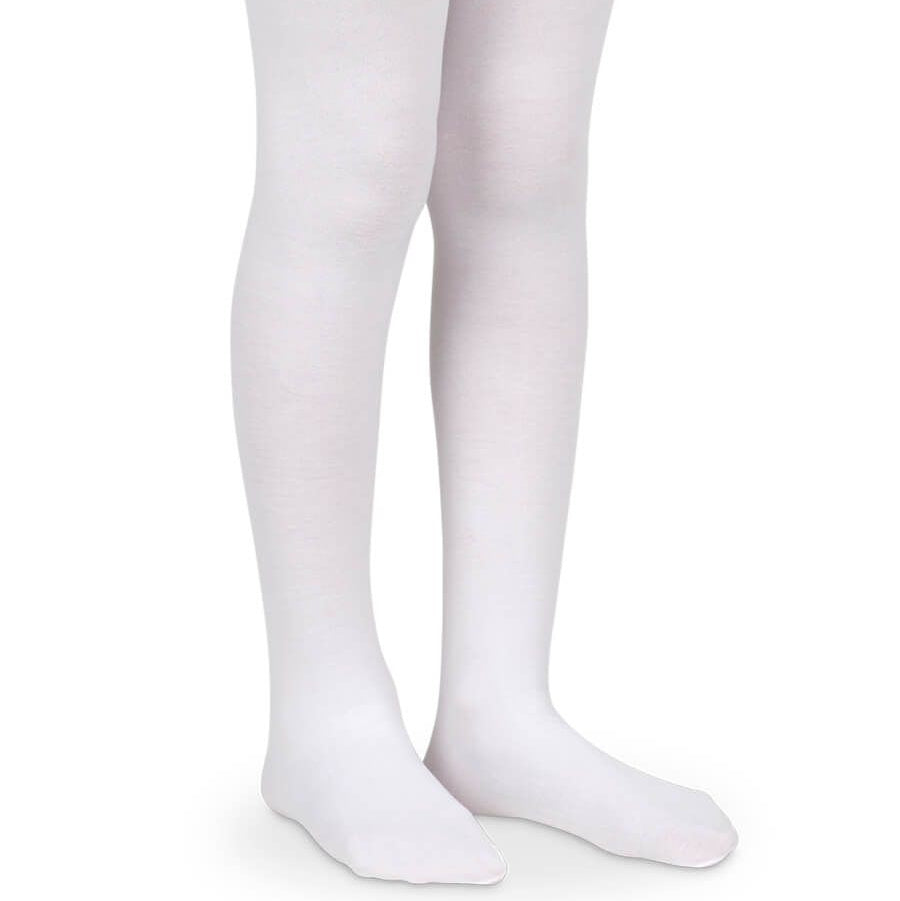 White tights worn by a person on a white background
