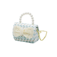 Tweed Handle Pearl Bow Purse - Blue