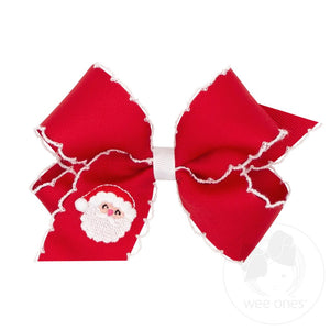 Medium Grosgrain Hair bow with Moonstitch Edge and Santa Claus Man Holiday-themed Embroidery